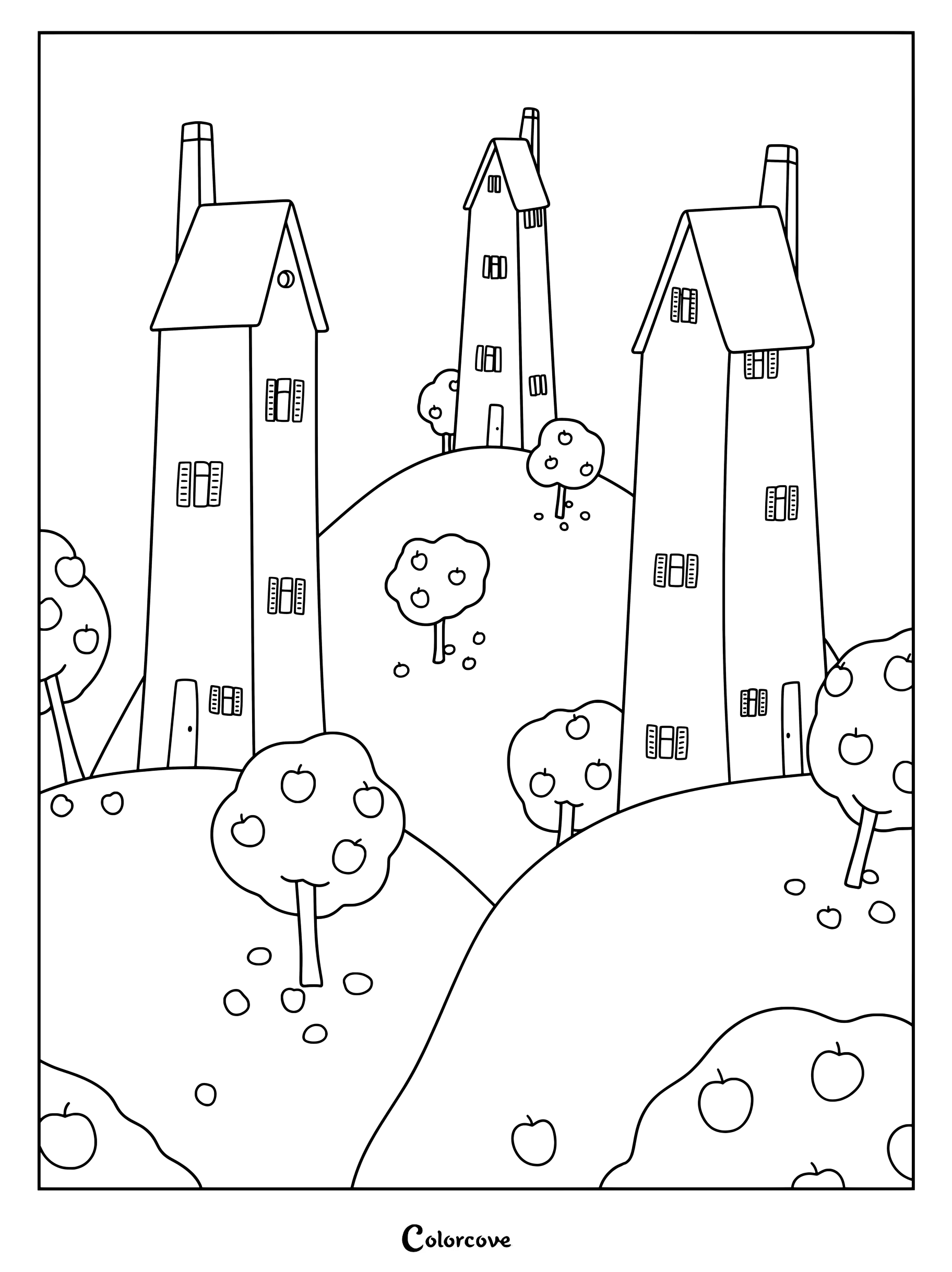 Tres casas altas y estrechas situadas en una ladera ondulada con un huerto de manzanos, página para colorear imprimible.