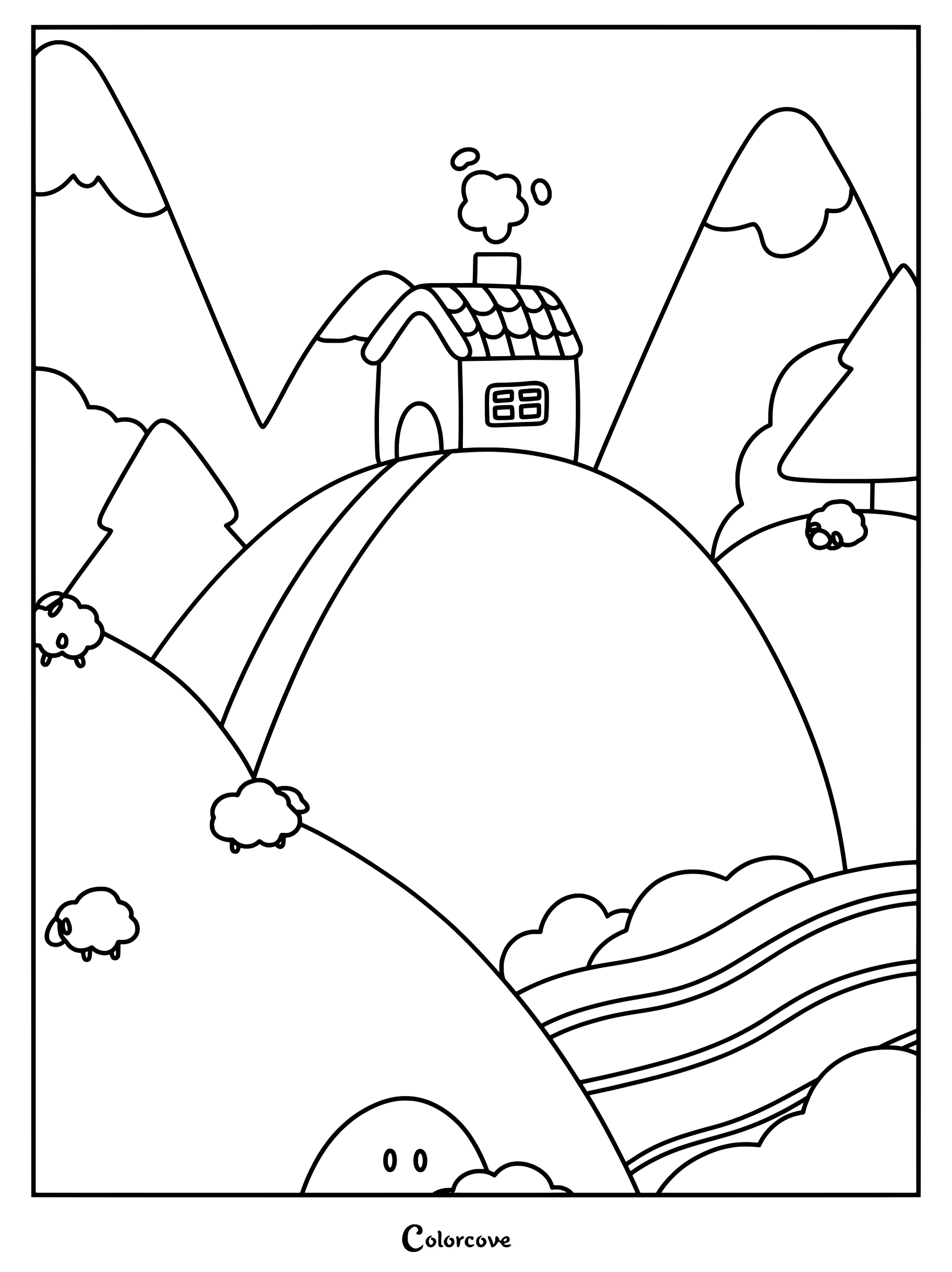Un sencillo dibujo para colorear que muestra una pequeña cabaña con una chimenea humeante, situada en una ladera cubierta de hierba, con ovejas y montañas al fondo.