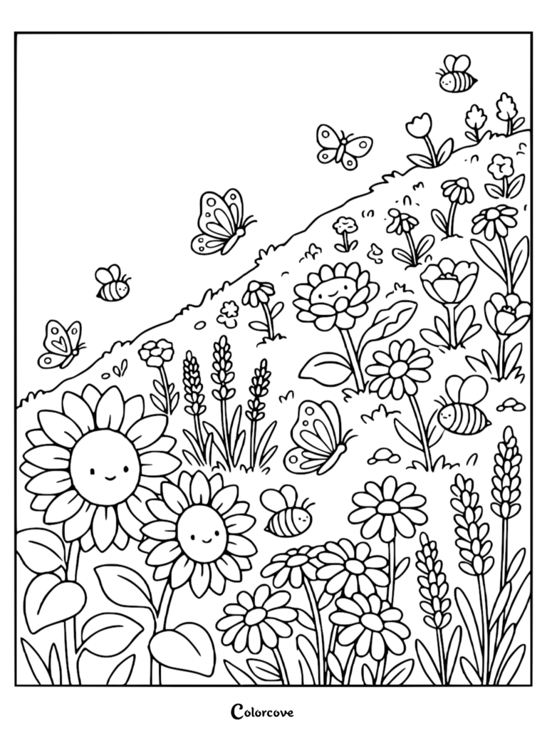 A scenic hillside coloring page featuring smiling sunflowers, daisies, butterflies, and bees in a meadow.