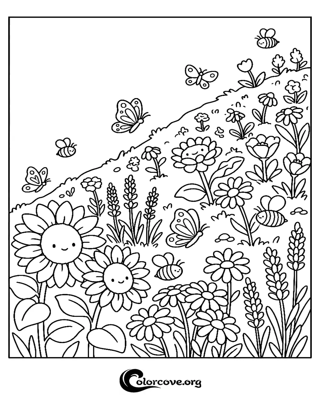 Bring this sunny spring garden to life with our free printable meadow coloring page. Perfect for children who love nature, flowers, and adorable buzzing insects.
