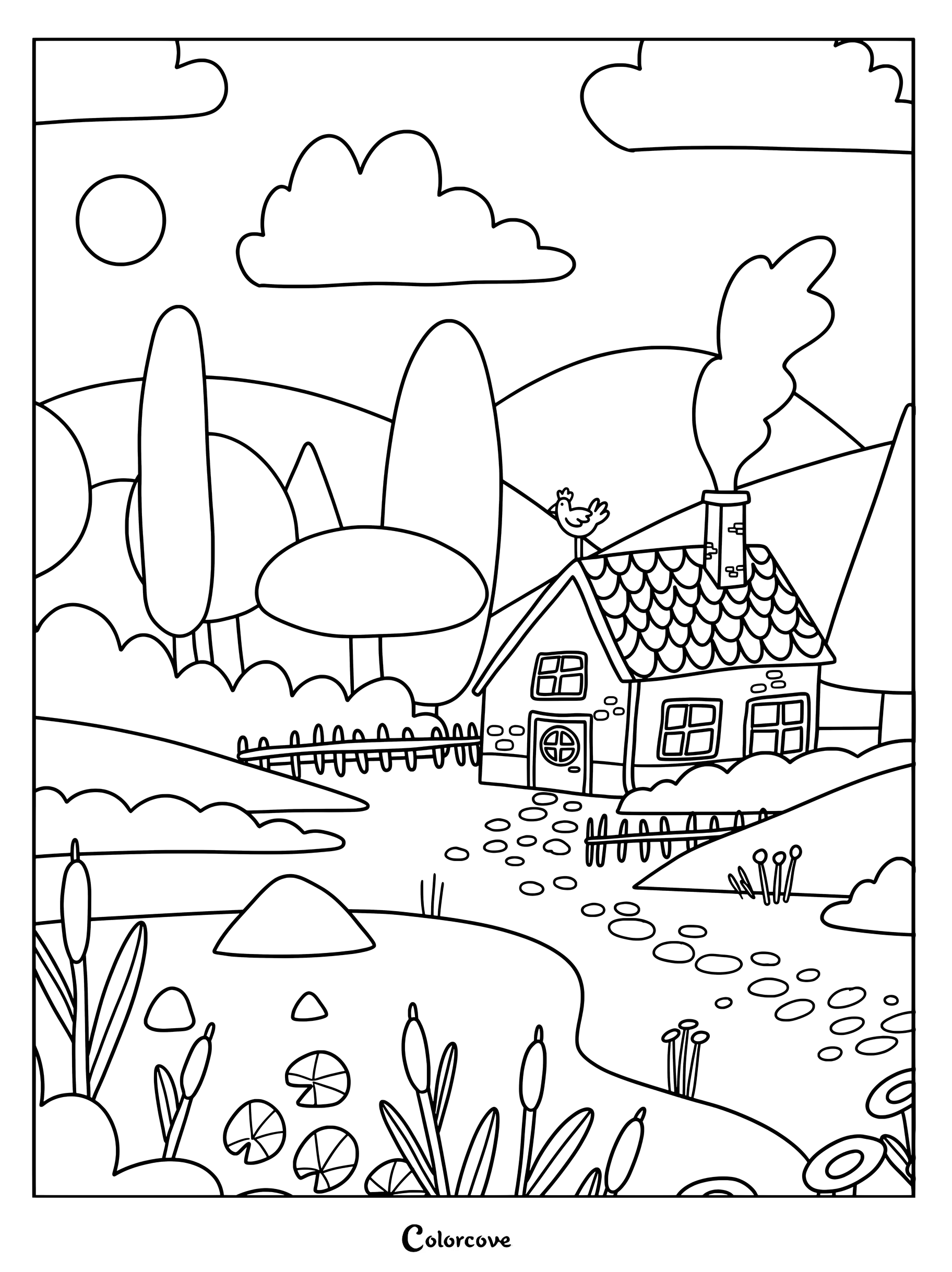 Una página para colorear que muestra una acogedora cabaña en la ladera de una colina con una chimenea humeante, un pájaro en el tejado y un estanque con espadañas en primer plano.