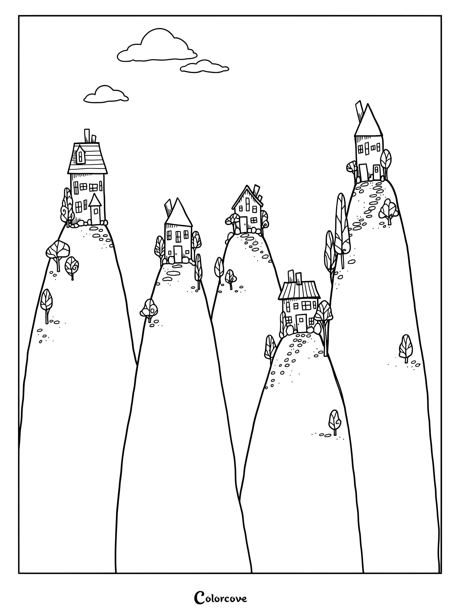 Una página para colorear de un pintoresco pueblo en la ladera de una colina, con cuatro colinas altas y empinadas, cada una coronada por una casa singular y pequeños árboles bajo un cielo nublado.