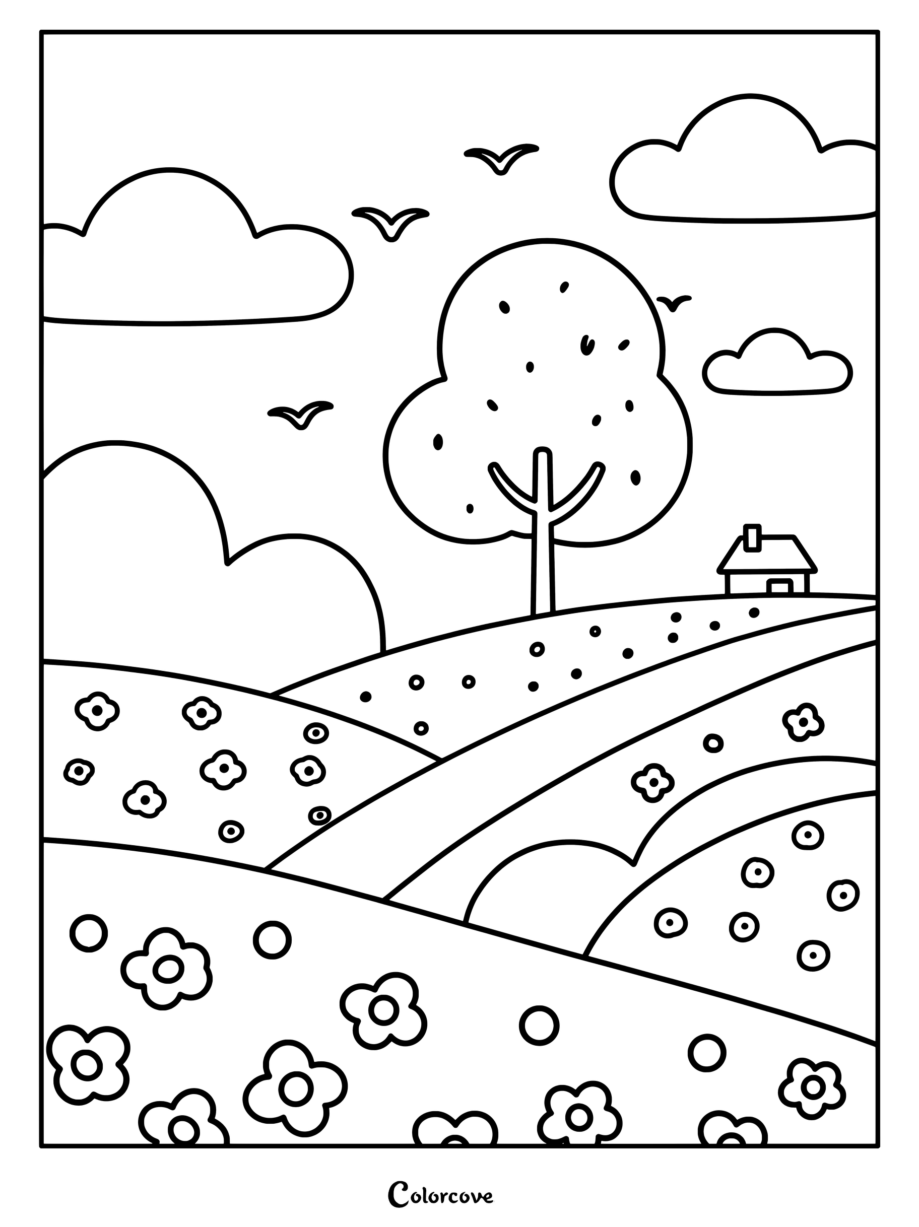Una sencilla página para colorear con un paisaje de ladera que incluye una casita, un árbol grande, colinas onduladas cubiertas de flores y pájaros volando en el cielo.