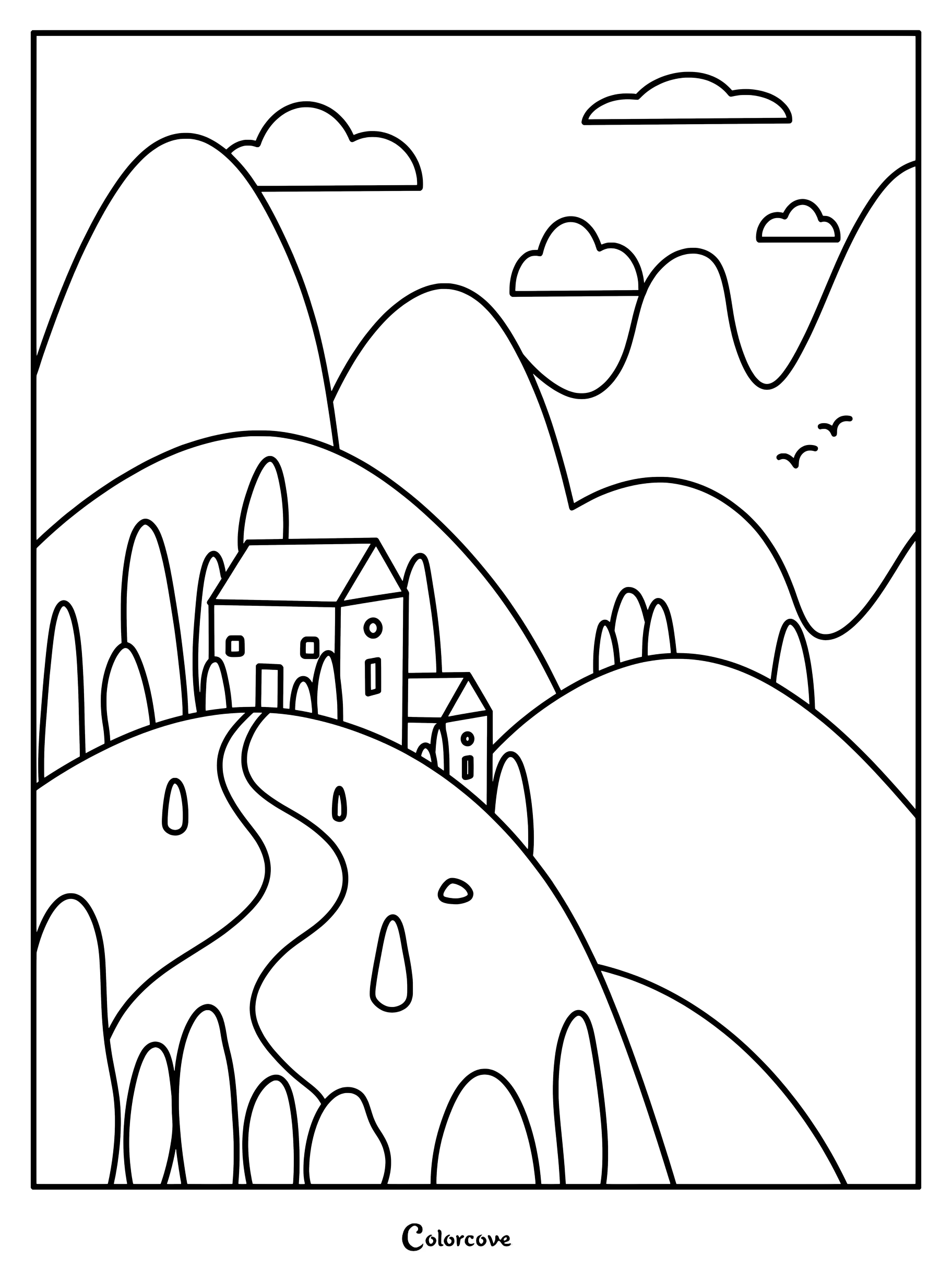 Una sencilla página para colorear con dibujos lineales que muestra una acogedora cabaña en un sendero serpenteante en la ladera de una colina, rodeada de montañas onduladas y nubes.