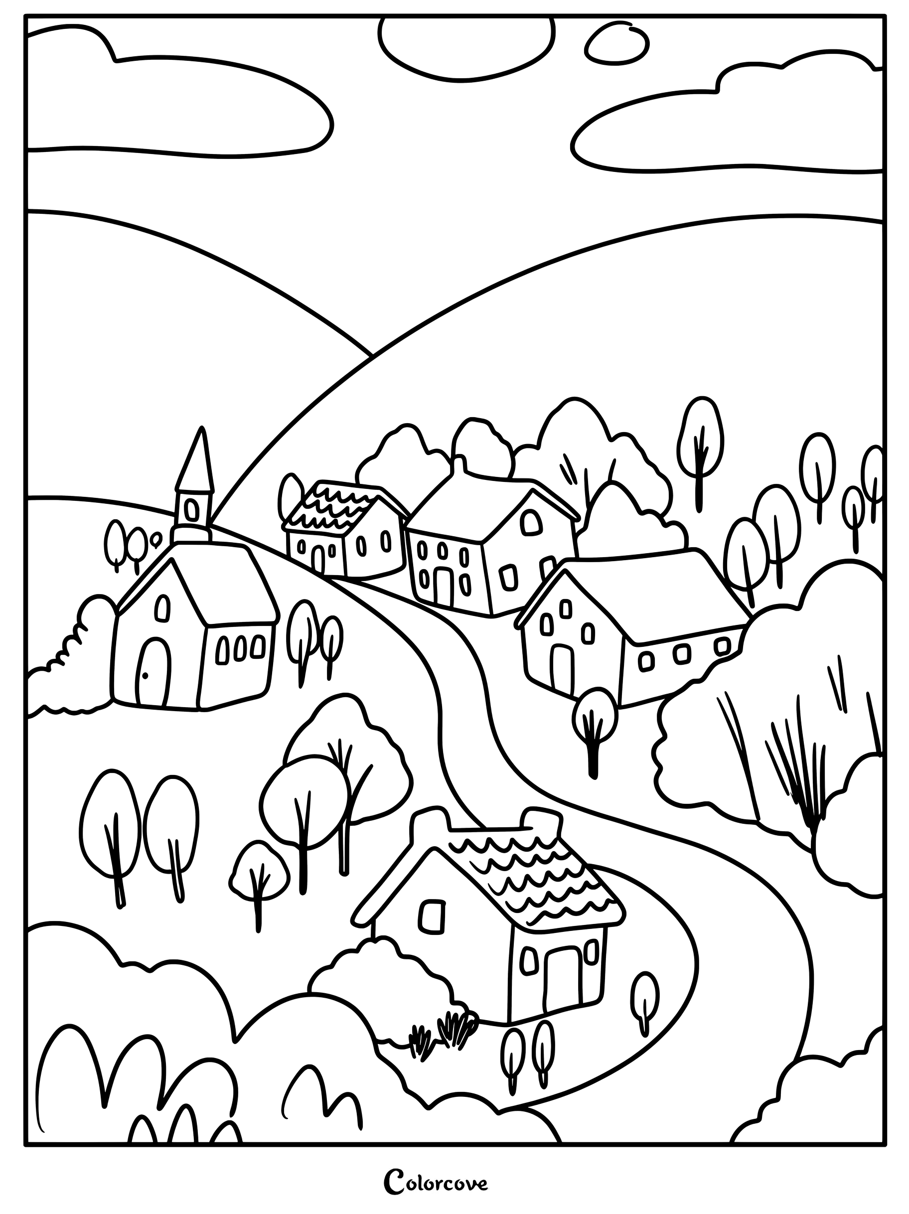 Una página para colorear de un pueblo en la ladera de una colina, con un camino sinuoso, casitas, una iglesia y árboles alrededor bajo un cielo nublado.
