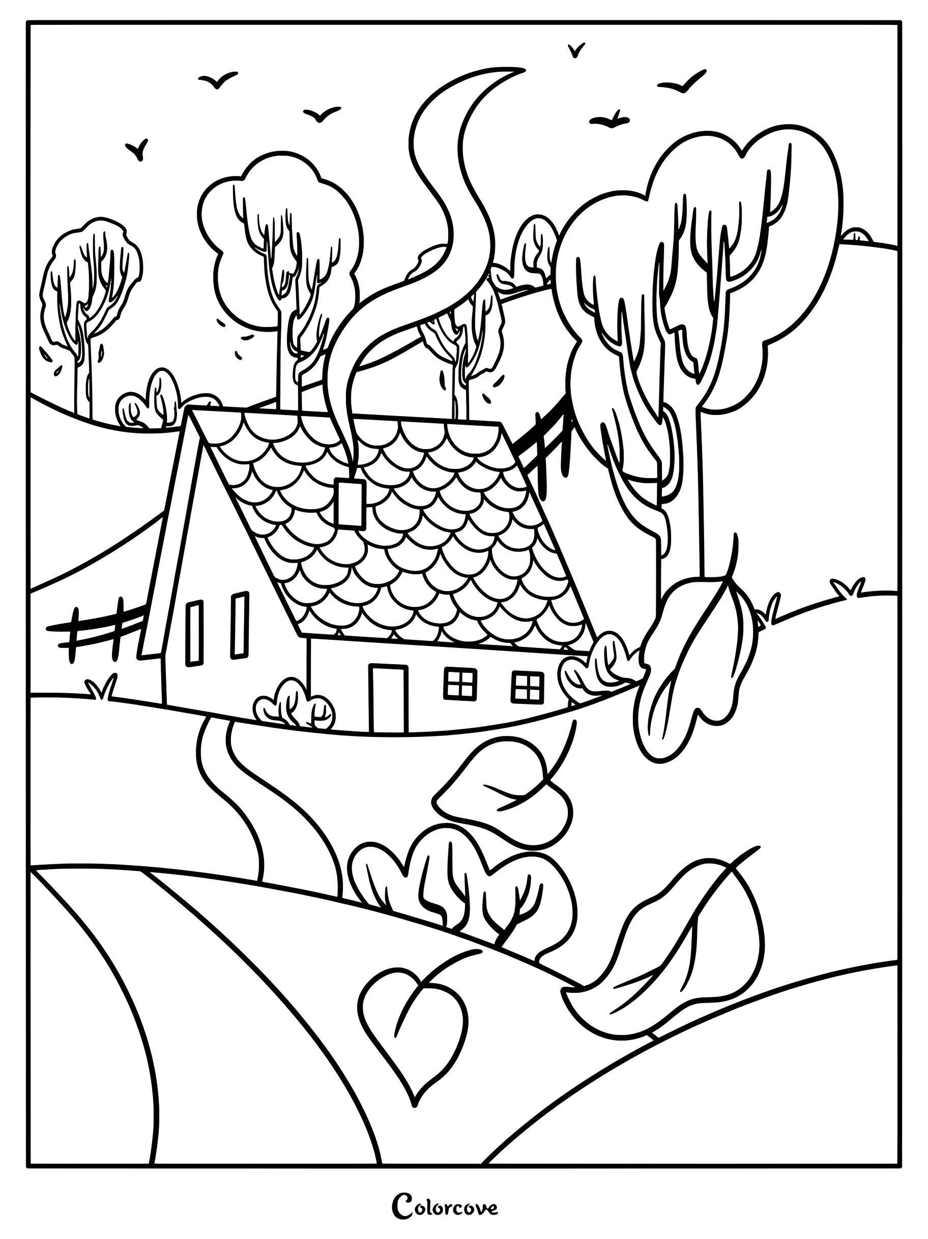 Una página para colorear que muestra una acogedora cabaña en la ladera de una colina, con humo saliendo de la chimenea, rodeada de árboles y hojas que caen.