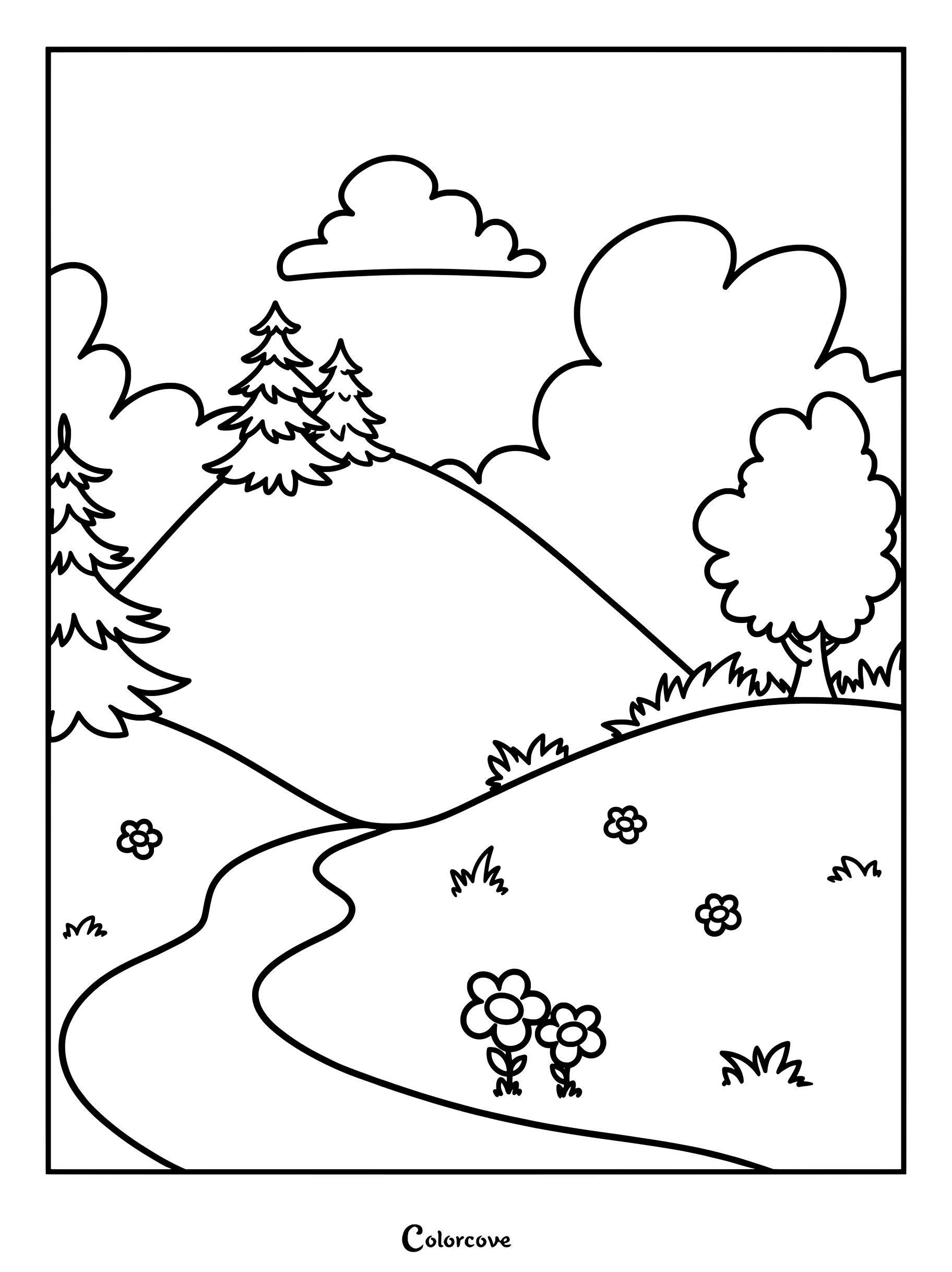 Una página para colorear con un paisaje tranquilo en la ladera de una colina, que muestra un sendero serpenteante, árboles de hoja perenne, un árbol de hoja caduca y flores en flor bajo nubes esponjosas.