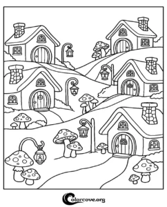 A detailed coloring page featuring a magical village with cute fairy houses, small mushrooms, and hanging lanterns for kids to color.