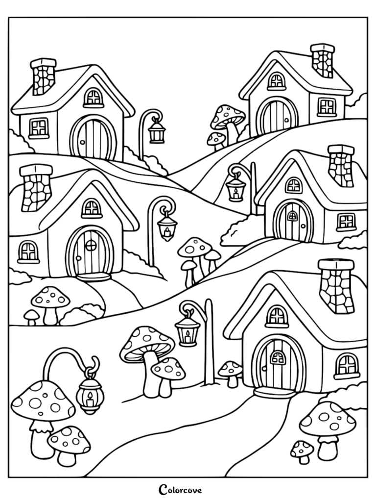 Scenic Hillside coloring page featuring whimsical cottages, hanging lanterns, and spotted mushrooms on rolling grassy hills.