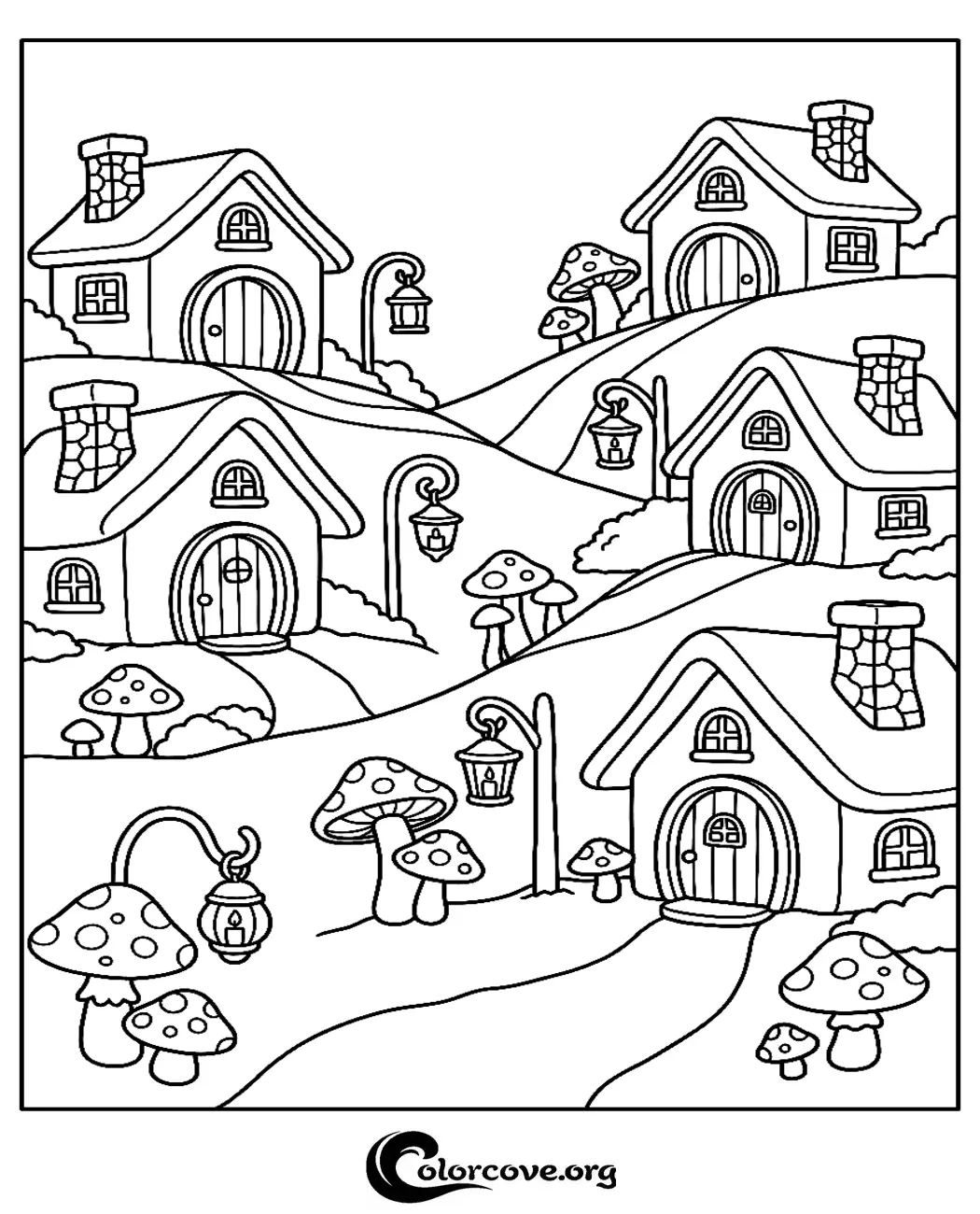 Step into a magical world with this free printable fairy village coloring page. Perfect for children who love fantasy scenes, this charming mushroom house illustration is ready to download and print in seconds.