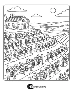 A detailed coloring page featuring a scenic vineyard landscape with rows of grapevines, a stone house, and rolling hills in the background.