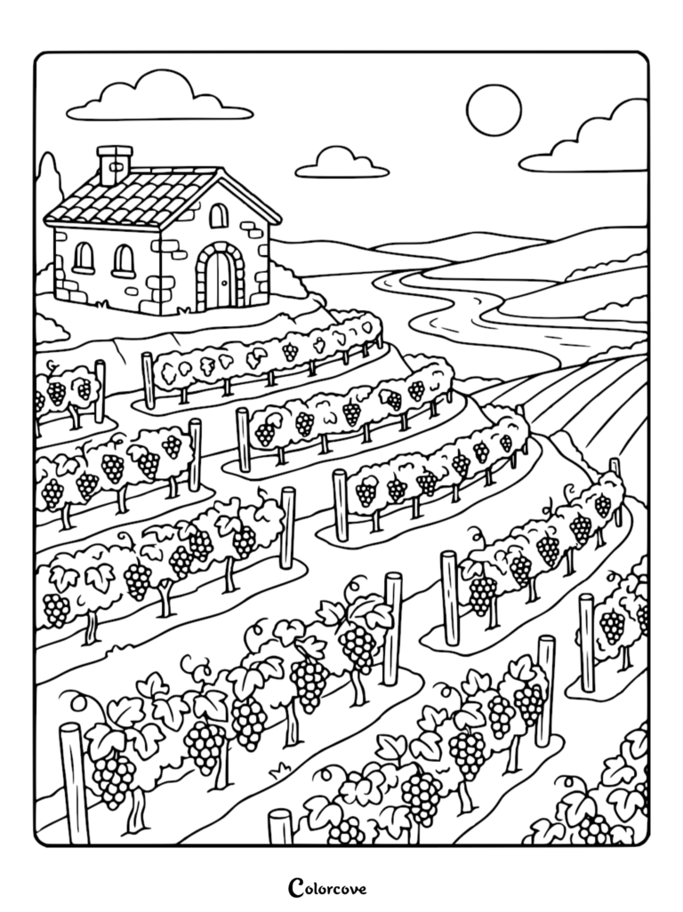 A scenic hillside vineyard coloring page featuring rows of grapevines leading up to a stone cottage under a sunny sky.