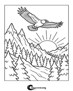 A majestic eagle soaring over a snowy mountain range and pine forest at sunrise, free printable coloring page for kids and adults.