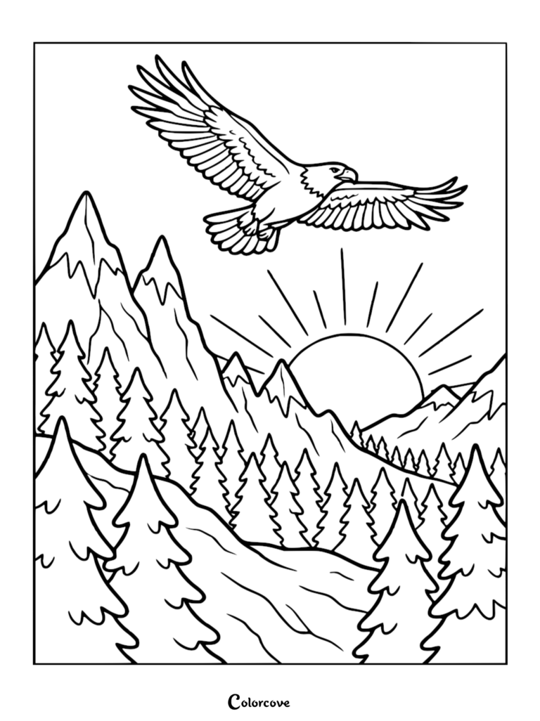 A bald eagle soaring over a scenic hillside with pine trees and a rising sun in this printable coloring page.