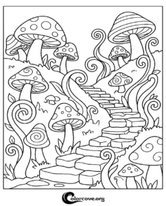 A whimsical enchanted mushroom forest scene with stone stairs for kids and adults to color, featuring curly vines and various fungi.