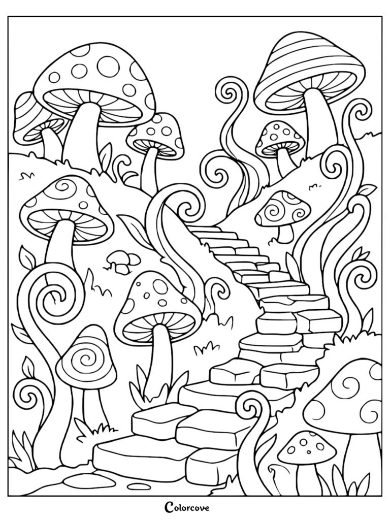 A whimsical scenic hillside coloring page featuring stone stairs winding through a magical forest filled with large patterned mushrooms and swirling vines.