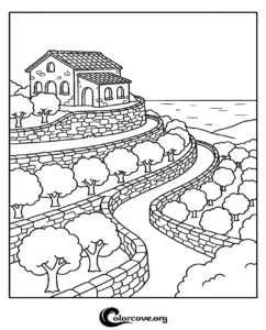 A scenic coloring page featuring a Mediterranean villa on a terraced hillside with olive trees, perfect for kids and adults who enjoy landscapes.