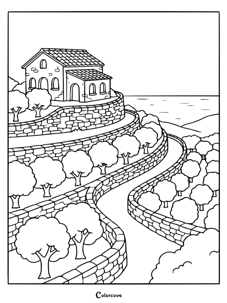 A scenic hillside coloring page featuring a stone house on a terraced landscape with winding paths and trees.