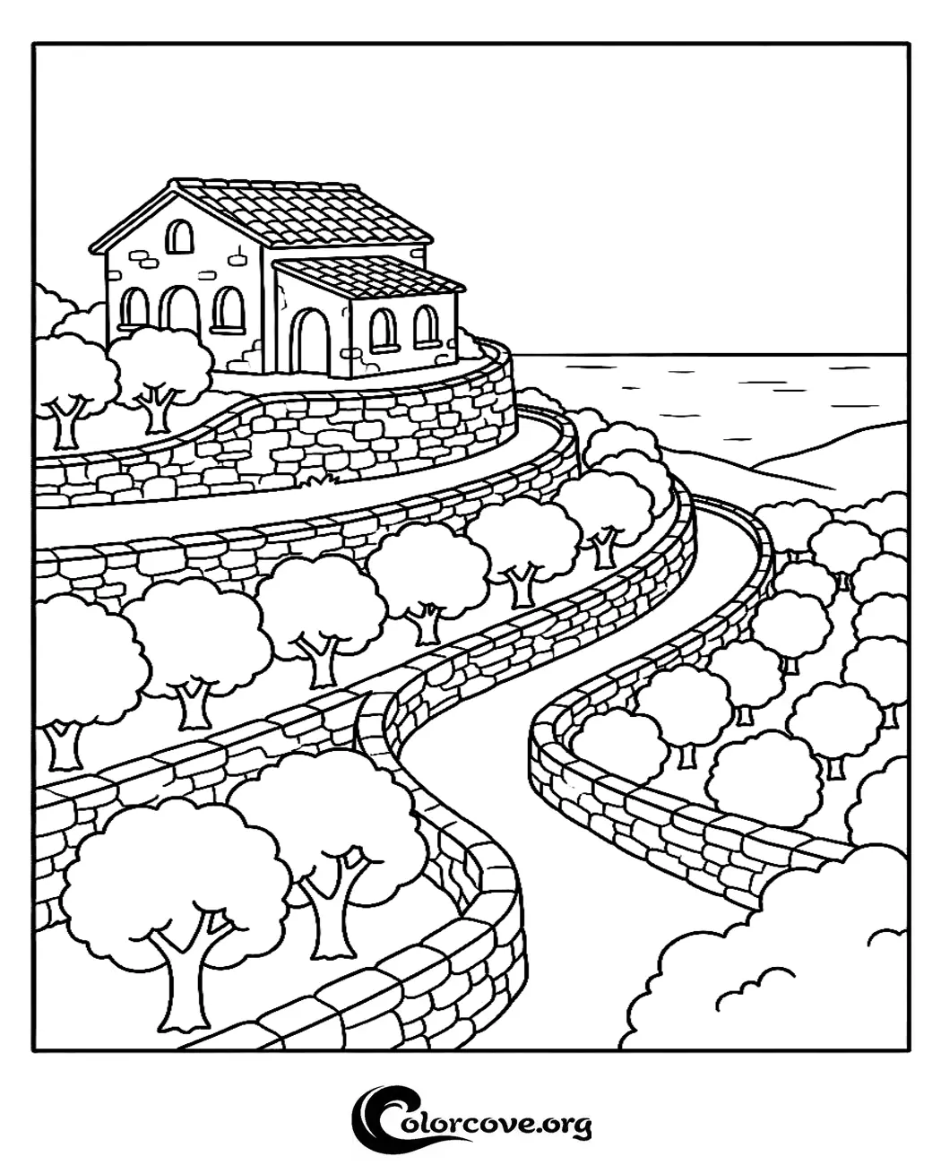 Escape to the countryside with this beautiful Italian landscape coloring page. Print this detailed scene of a hillside villa and winding orchards for free and enjoy a relaxing afternoon of creativity.