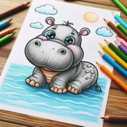 Cute hippo coloring page with colored pencils; fun activity for kids featuring an adorable hippo by the water.