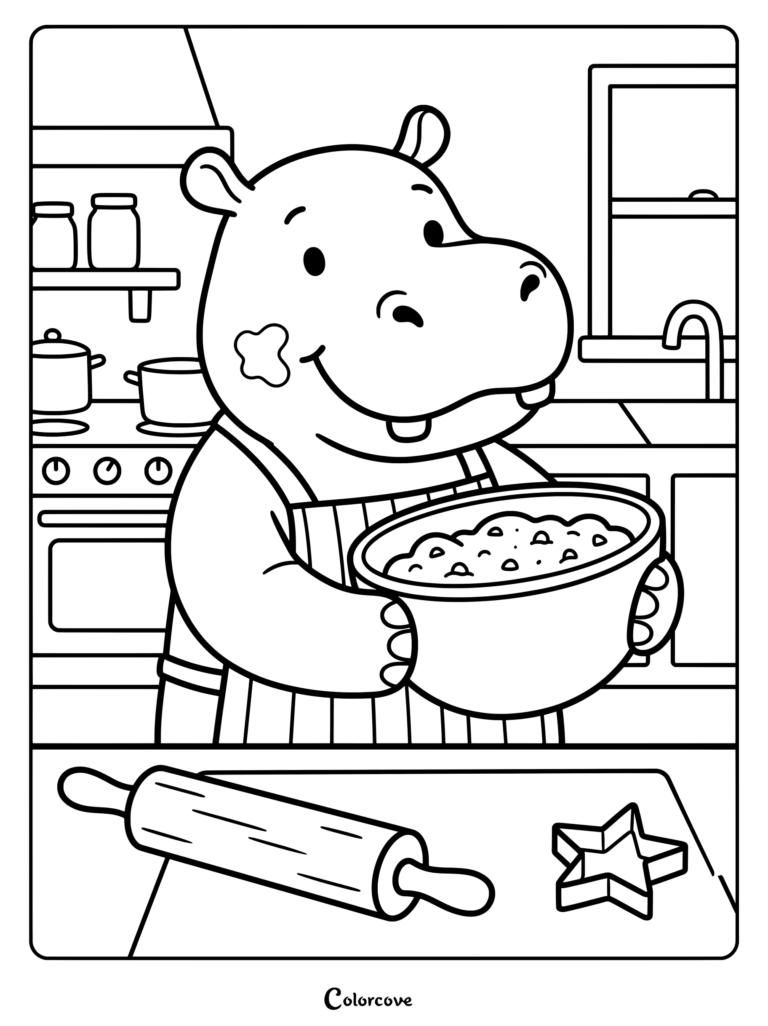 A friendly hippo wearing an apron holds a mixing bowl of dough in this cute kitchen coloring page.