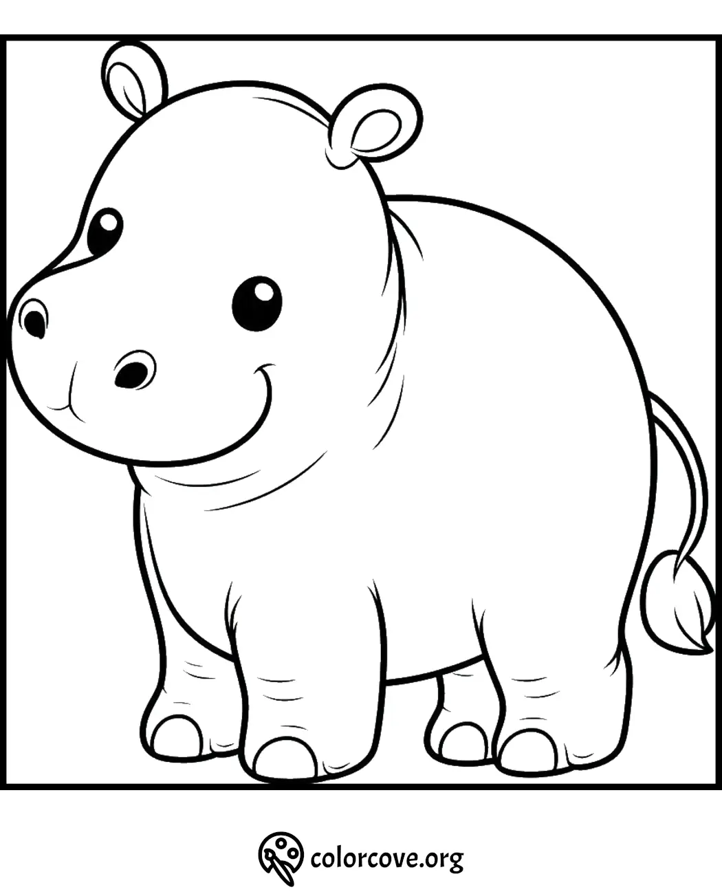 Coloring page of a cute hippo with a smile in a square frame. Perfect for kids to color and enjoy.