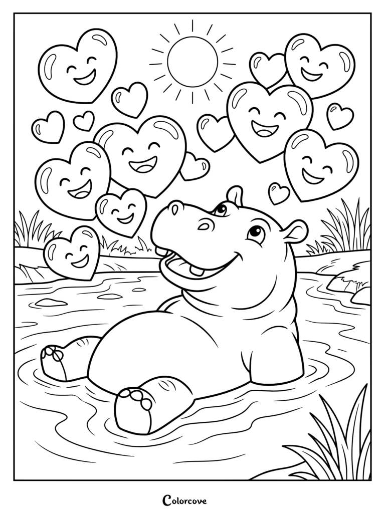 A happy hippo lounging in a river surrounded by floating smiling hearts for a fun coloring page.