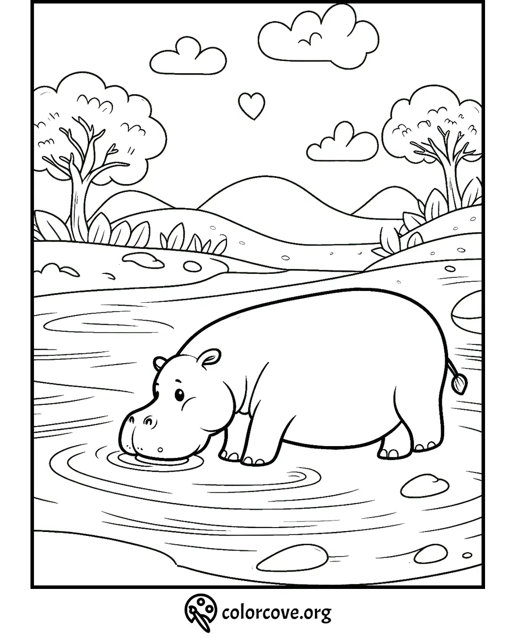 Hippo coloring page for kids, featuring a hippo standing in water with a scenic background of trees, hills, and clouds.