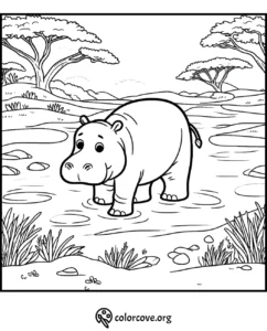 Cute hippo coloring page for kids, featuring a hippo in a scenic river landscape with trees and grass. Colorcove.org.