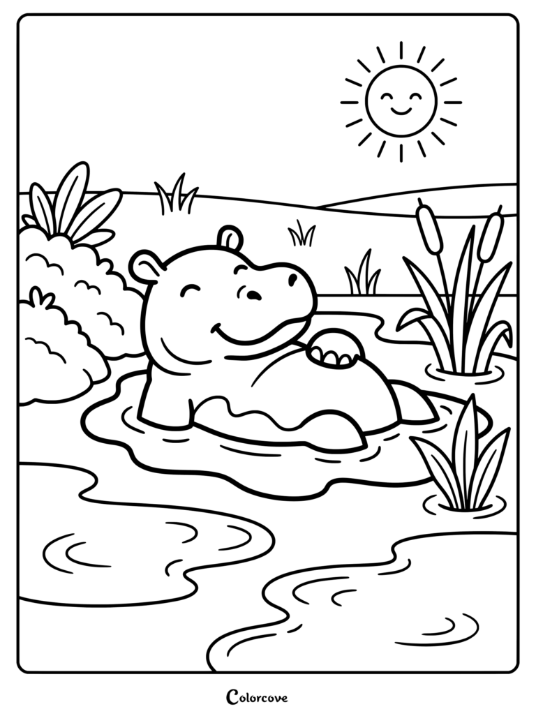 A smiling hippo relaxing in a muddy pool under a smiling sun coloring page.