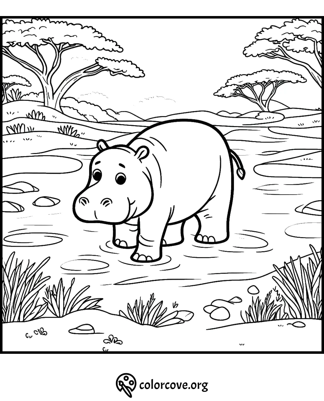 Cute hippo coloring page for kids, featuring a hippo in a scenic river landscape with trees and grass. Colorcove.org.