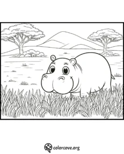 Adorable hippo coloring page with scenic background of trees and mountains, perfect for kids and adults to color.