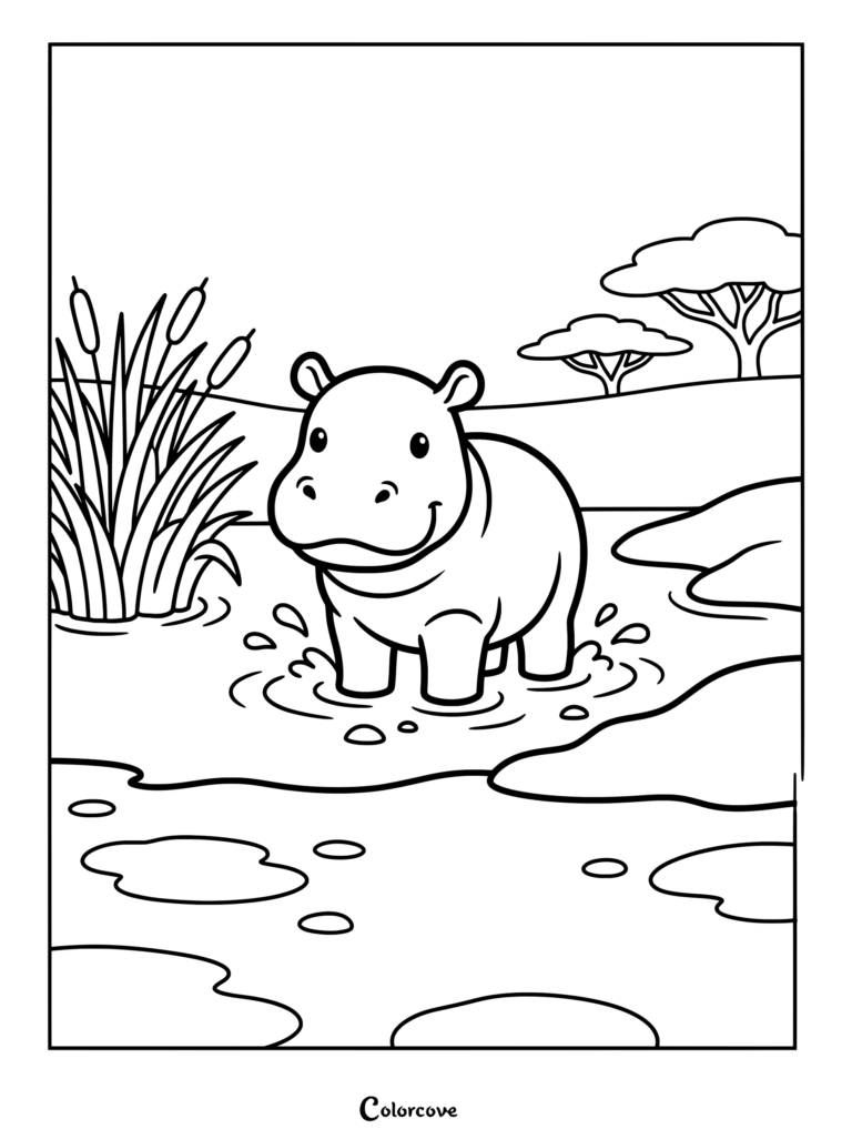 Baby hippo splashing in a muddy puddle coloring page with reeds and acacia trees.
