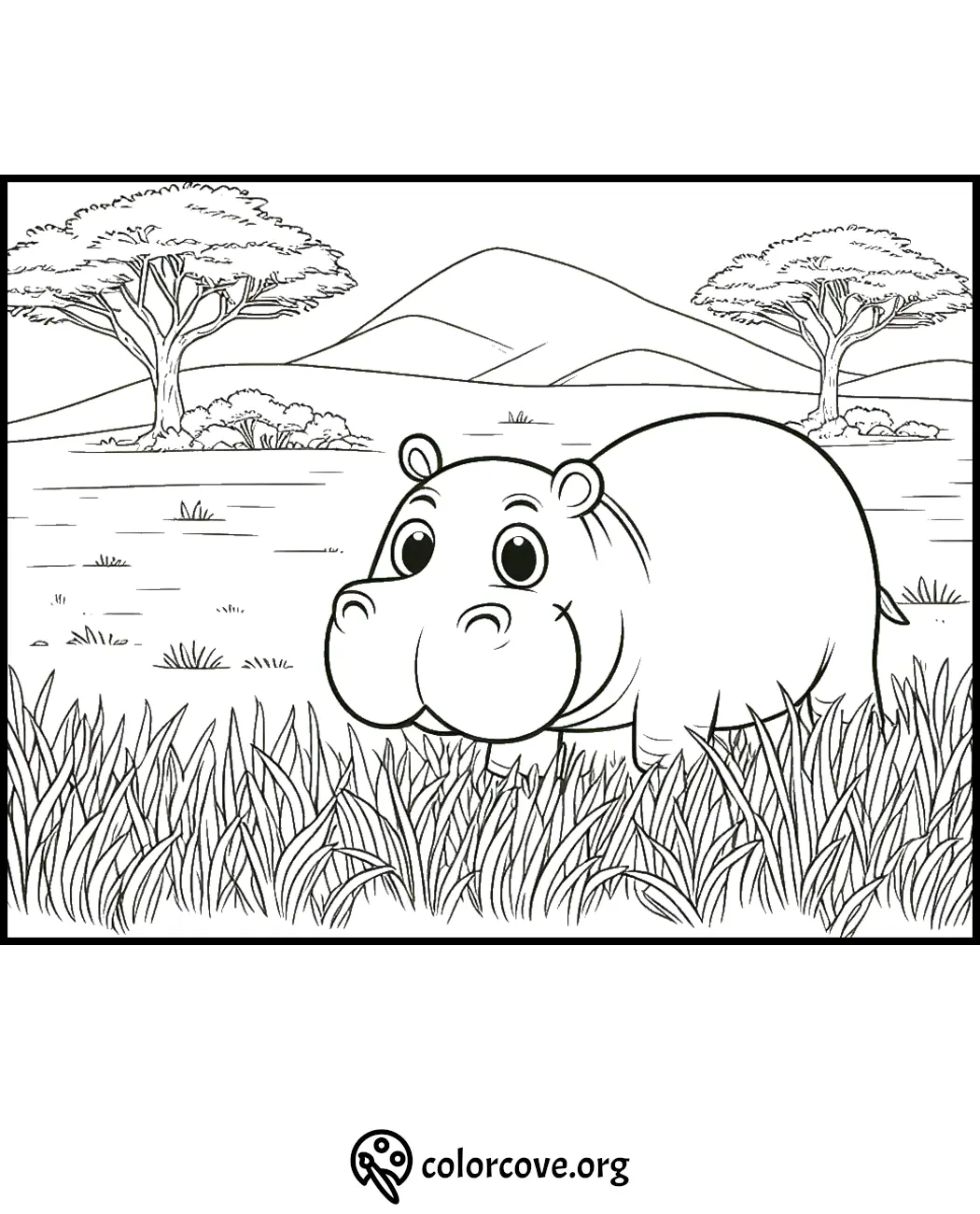 Adorable hippo coloring page with scenic background of trees and mountains, perfect for kids and adults to color.