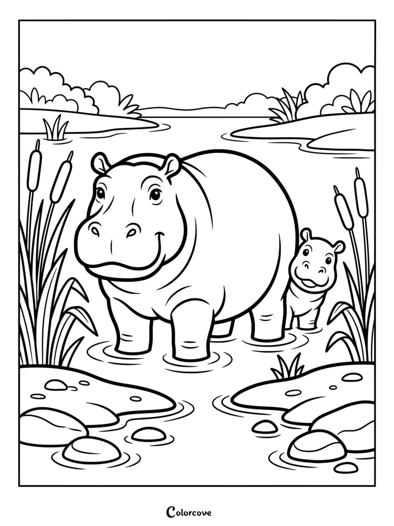 Mother and baby hippo coloring page standing in shallow river water with reeds.