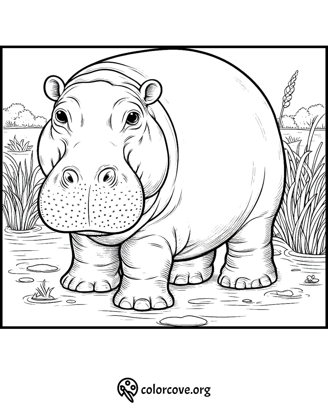 Coloring page of a hippo standing in a pond with surrounding plants, ideal for kids to color and enjoy.