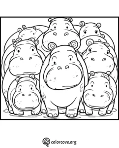 Group of cute cartoon hippos coloring page for kids - free printable animal coloring sheet from colorcove.org.