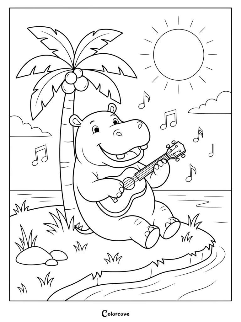 A happy hippo sitting under a palm tree playing a ukulele coloring page