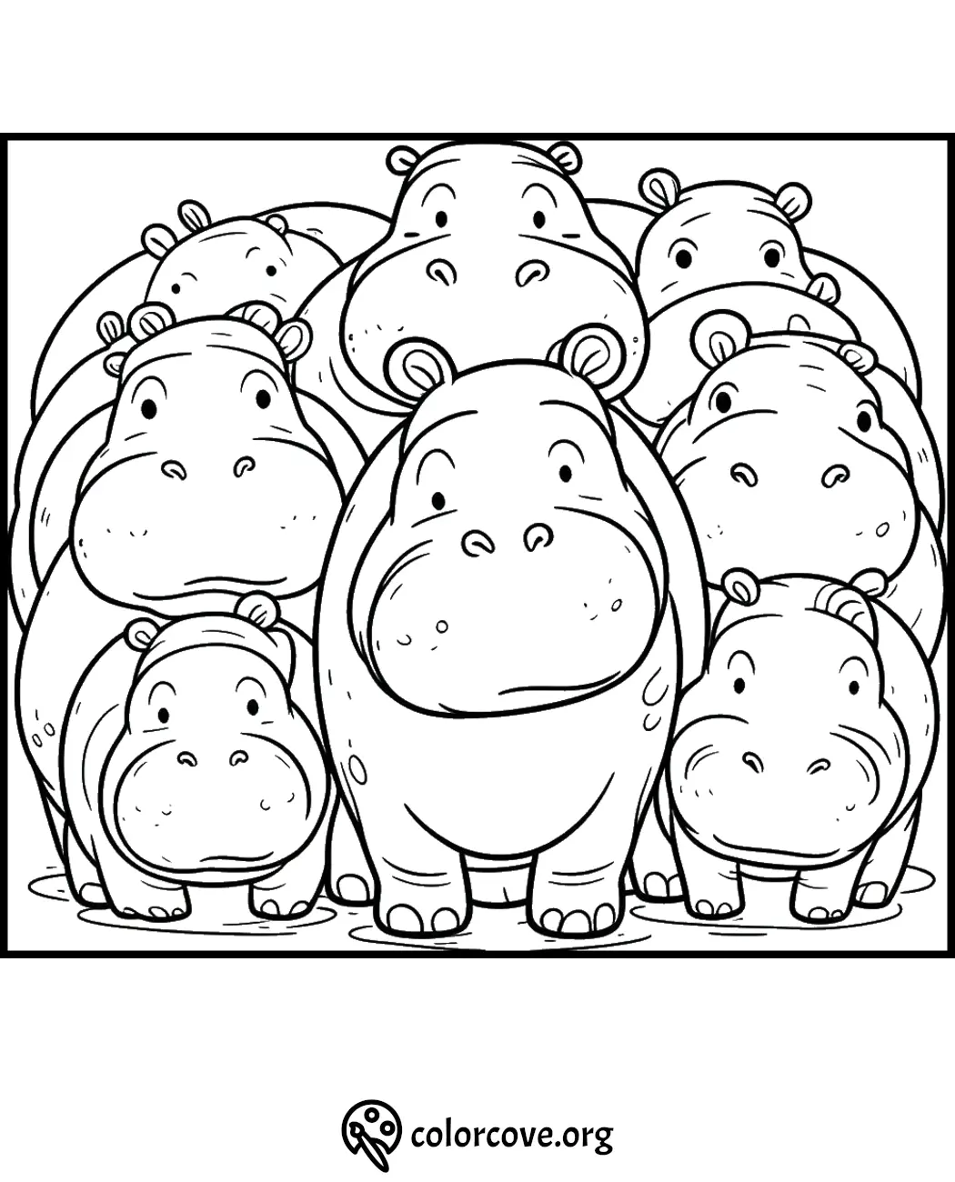 Group of cute cartoon hippos coloring page for kids - free printable animal coloring sheet from colorcove.org.