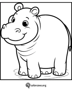 Hippo coloring page for kids, featuring a happy hippo standing in water. Perfect for children's coloring activities.
