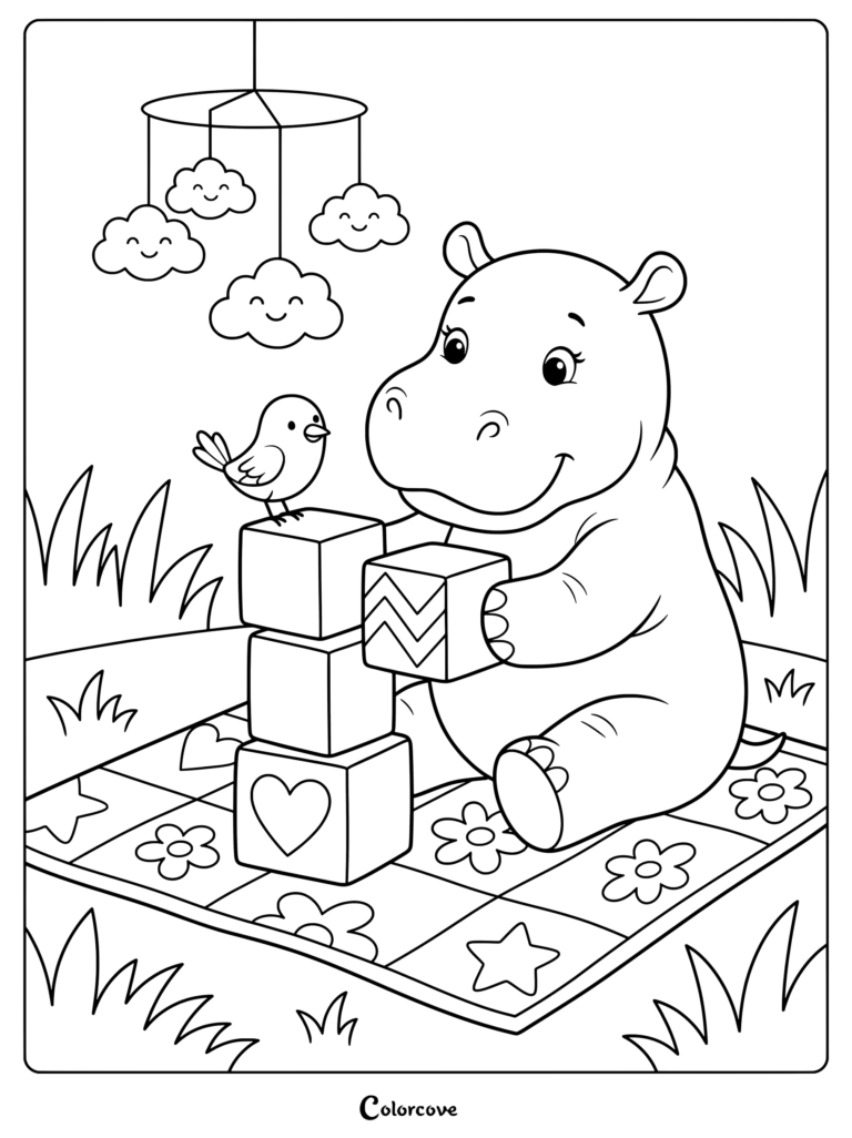 Baby hippo coloring page playing with blocks on a floral blanket with a bird and cloud mobile.