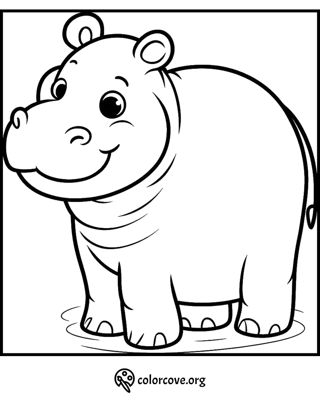 Hippo coloring page for kids, featuring a happy hippo standing in water. Perfect for children's coloring activities.