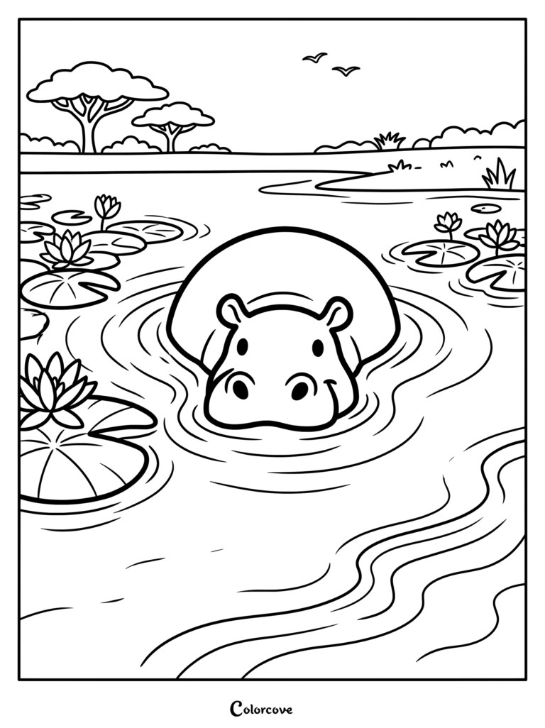 Hippo coloring page featuring a cute animal swimming in a river with water lilies.