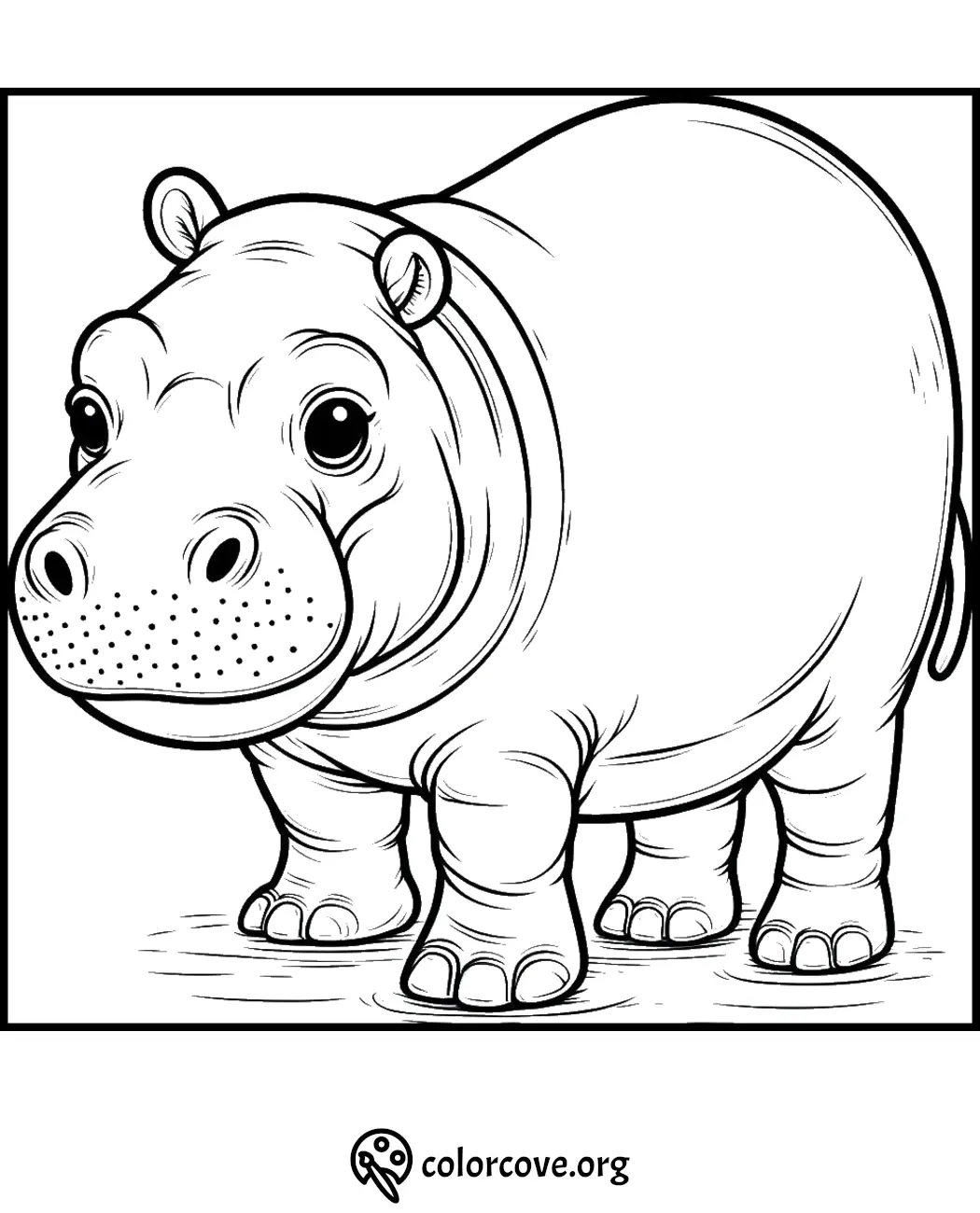 Adorable hippo coloring page for kids, printable animal coloring sheet, fun and educational activity from colorcove.org.