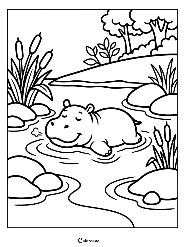 A smiling hippo relaxing in a calm river surrounded by reeds and trees in this coloring page.