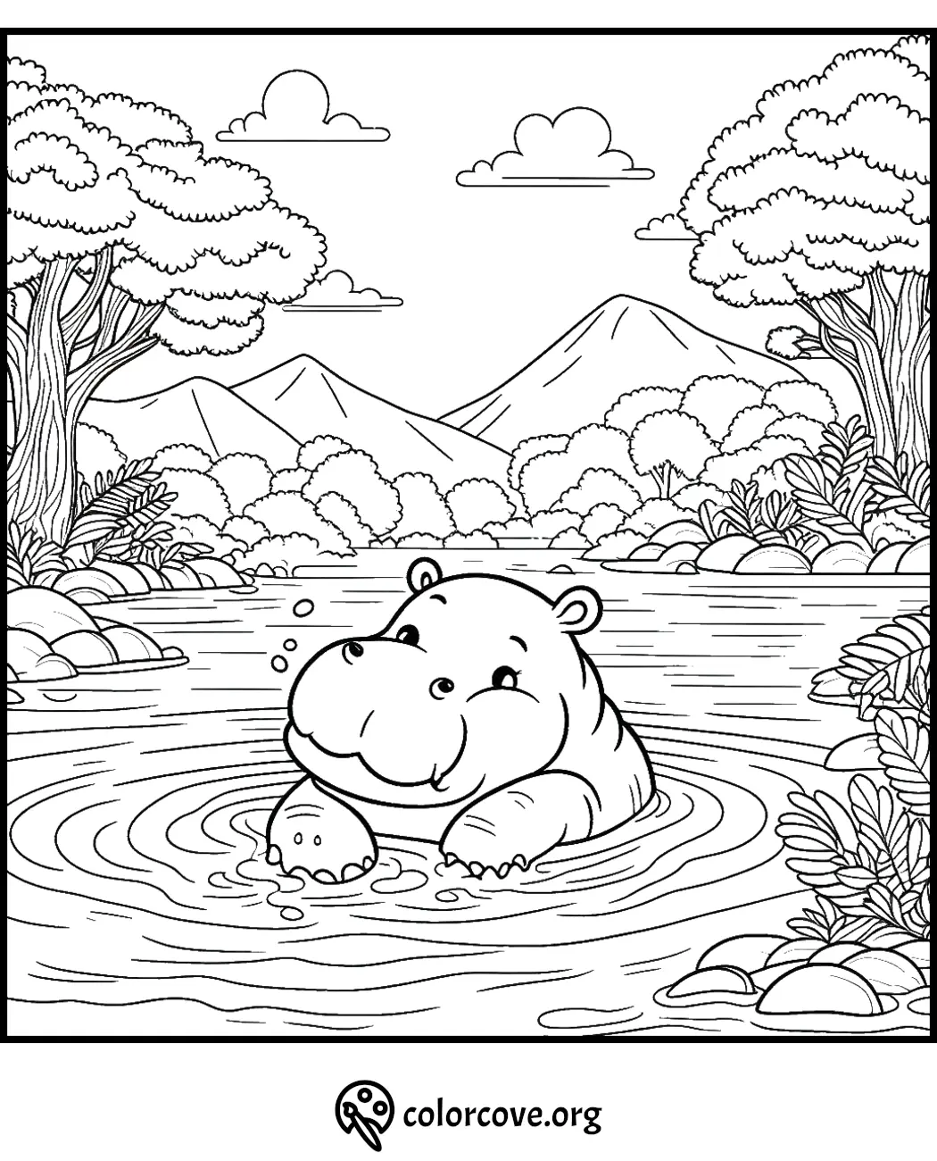 Happy hippo in a river coloring page with mountains and trees. Free printable from colorcove.org for kids' fun coloring activity.