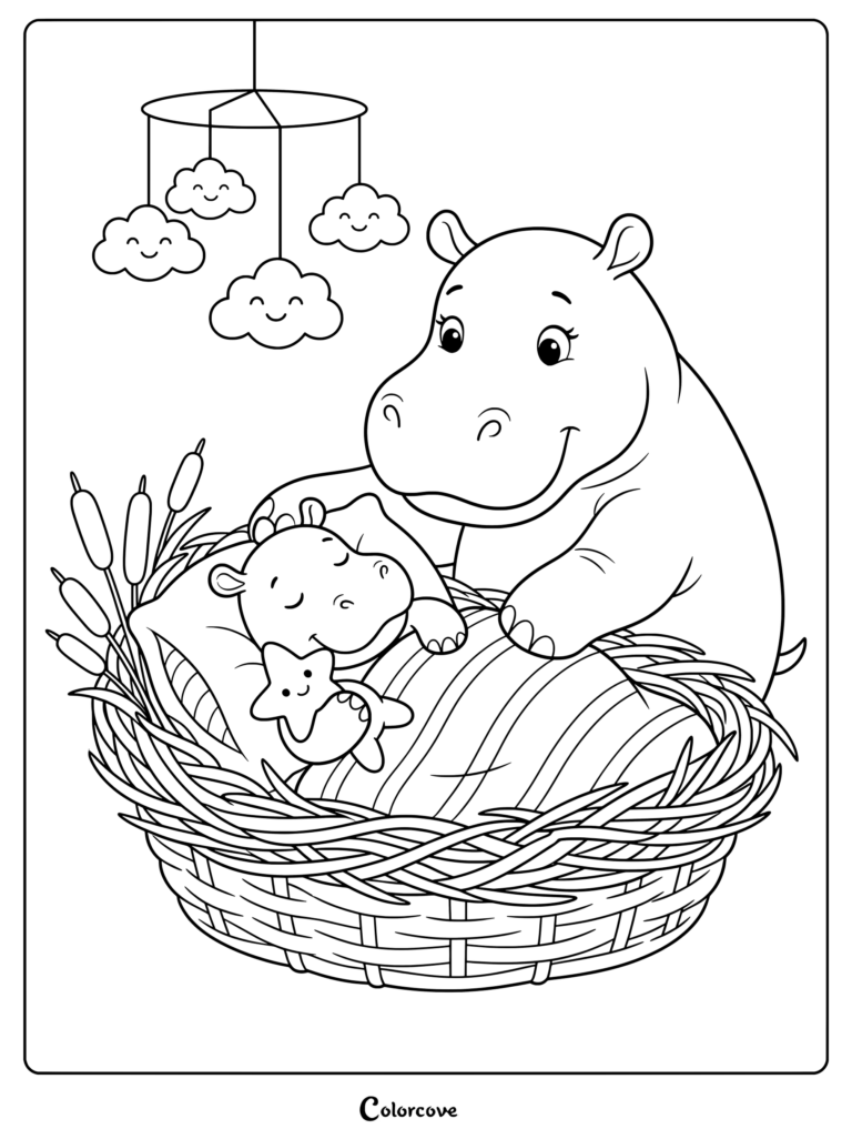 Printable hippo coloring page showing an adult hippo watching a baby sleeping in a woven basket with a cloud mobile overhead.