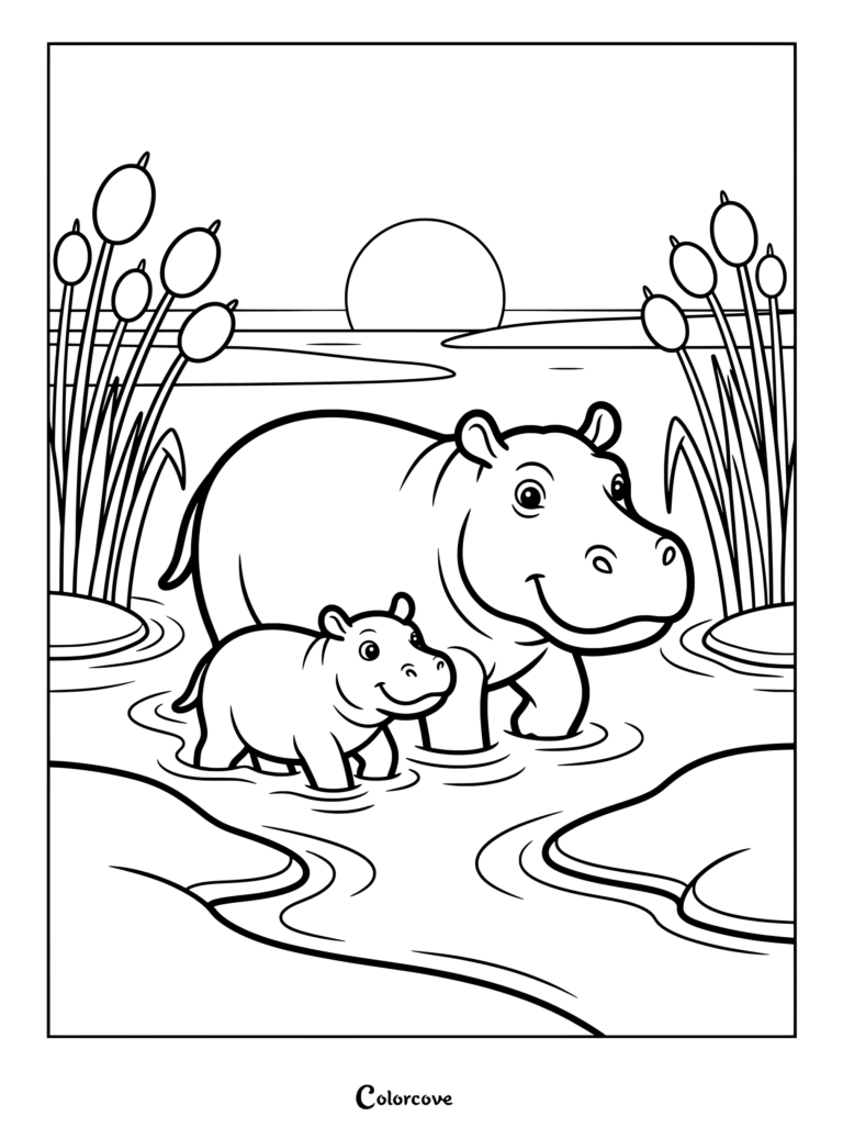 Printable hippo coloring page featuring a mother and calf standing in a river with reeds and sunset.