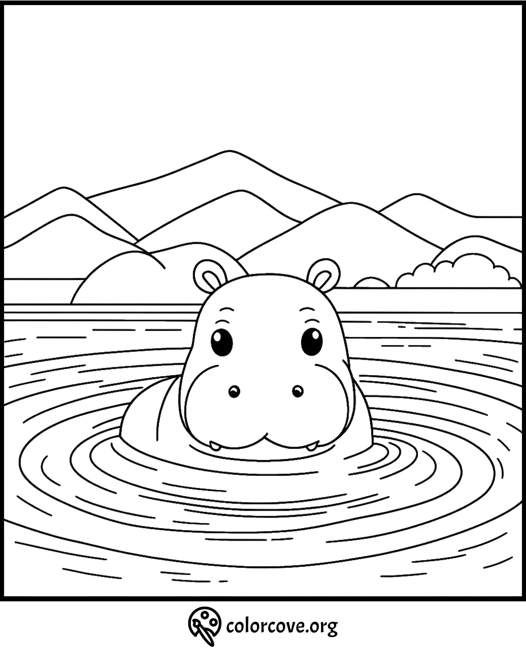 Cute hippo in water coloring page - a serene scene with hills in the background, by colorcove.org. Fun for kids to color!