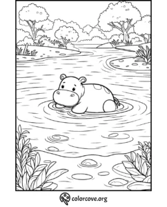 Cute hippo in pond coloring page with trees and bushes, perfect for children's activity. Download at colorcove.org.
